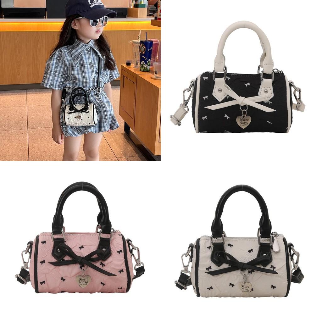 Childrens Retro Bow Printed Crossbody Bag With Bow And Metal Heart Decoration