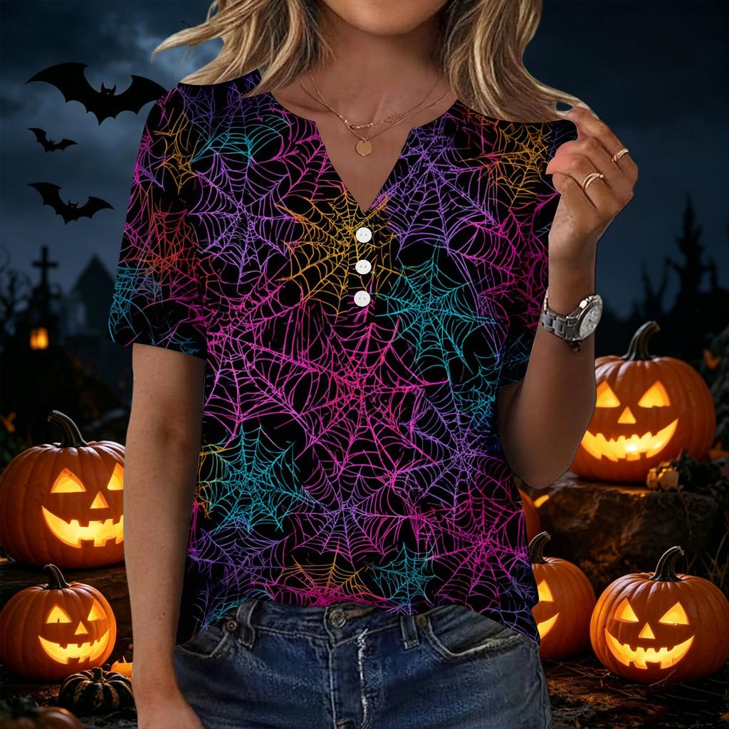 Women Casual Halloween Print V Neck Short Sleeve Button Decor T Shirt Top Lightweight Comfortable Fashionable Design