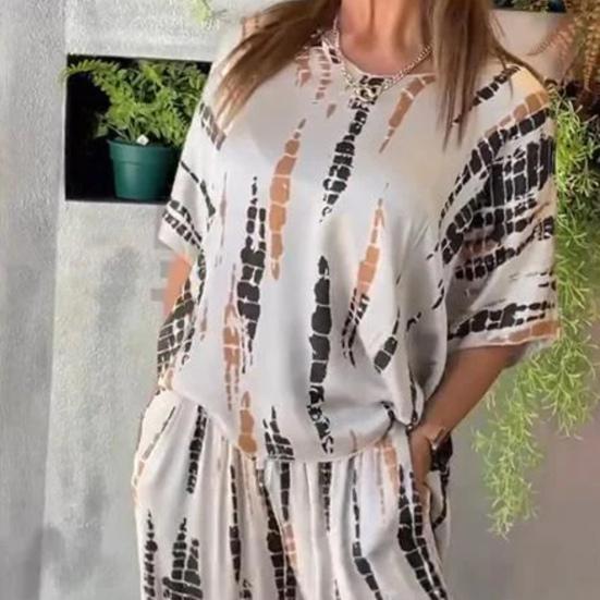 Женский комплект из двух предметов больших размеров, летний повседневный, с круглым вырезом и коротким рукавом