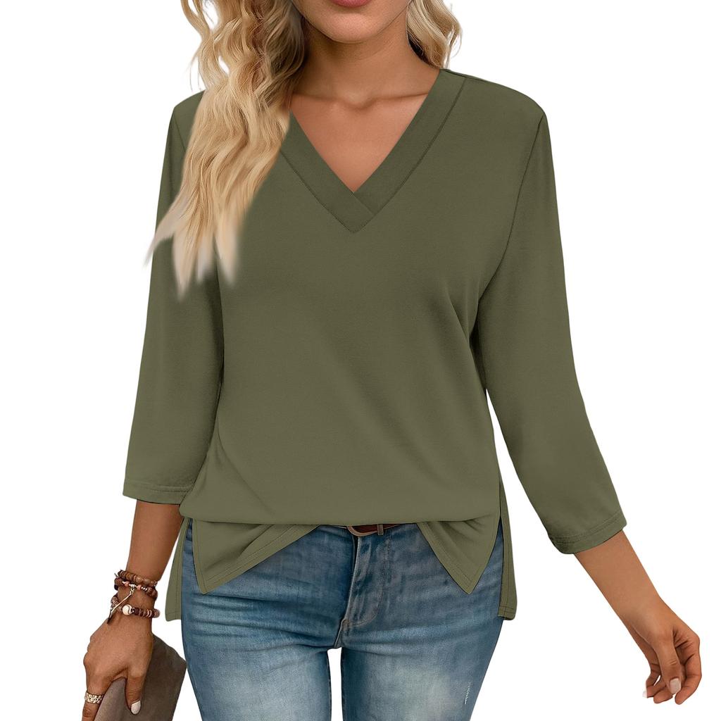 3/4 Sleeve Shirts For Women Tees Blouses Casual Plus Size Basic Tops Pullover