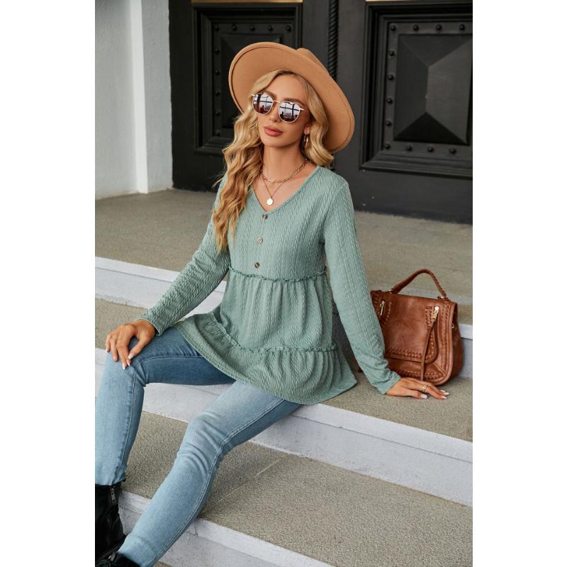 Весенне-осенняя женская блузка с v-образным вырезом, однотонная, на пуговицах, в стиле пэчворк, свободный топ с длинными рукавами