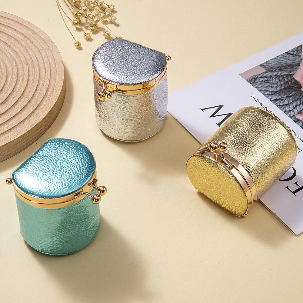 Portable Real Leather Jewelry Travel Wallet Mini Kiss-Lock Cylindrical Storage Box, Compact Organizer for Rings, Earrings, Coins