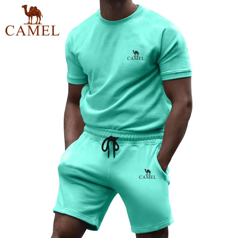 Camel Short Sleeved Men's Summer Casual Fashion Solid Color Two-piece Sports Suit Trendy Quarter Pants