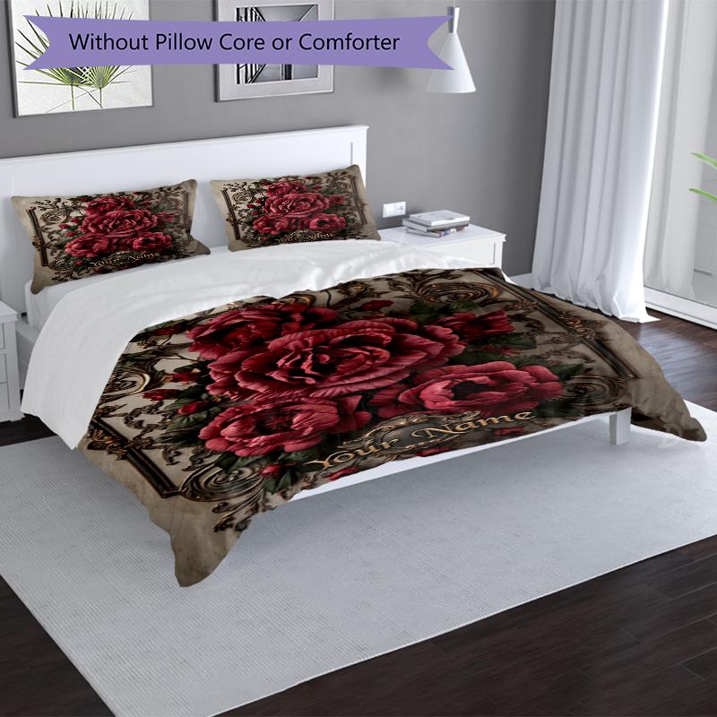 3pcs Custom Name Floral Elegance Printed Bedding Set Duvet Cover Closure Includes 1 Duvet Cover & 2 Pillowcases, Soft and Comfortable for All Seasons.