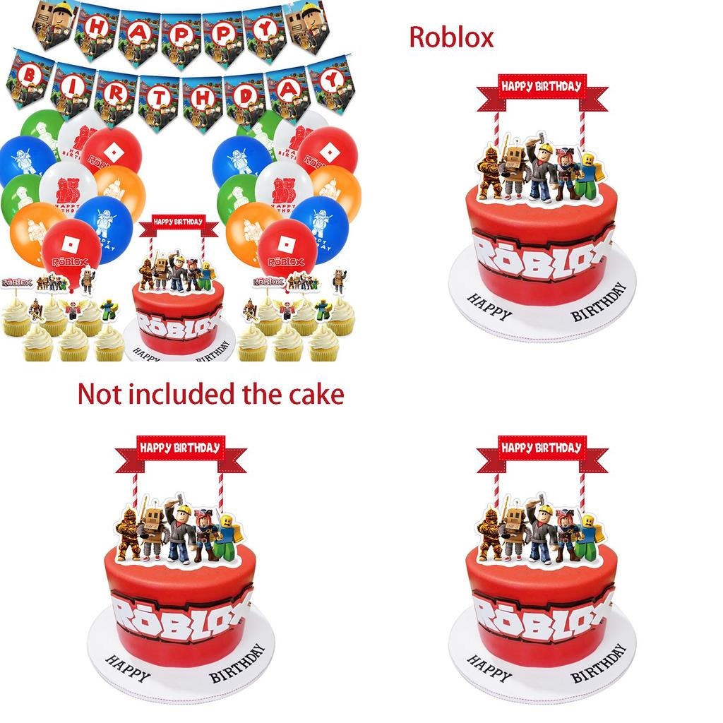 Набор принадлежностей для дня рождения в стиле Roblox, включающий яркий баннер, воздушные шары и топперы для торта для детей