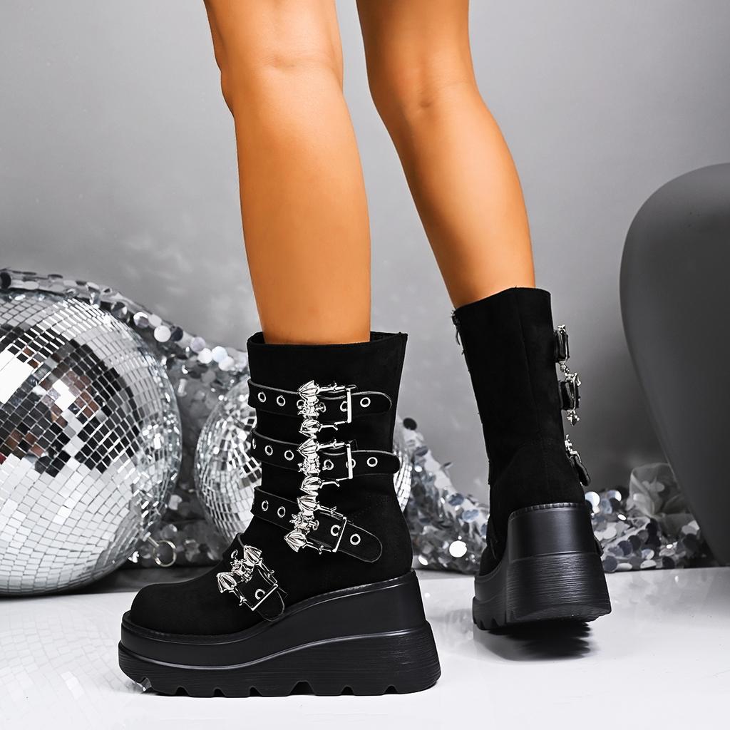 Fashion Shoes for Women New Gothic Style Platform Vampire Cosplay Women Mid-calf Boots 2025 Winter Wedges Comfy Women Motorcycle Boots