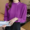 Elegant Solid Office Ladies Satin Casual Shirt Women Long Sleeve Tops Stand Collar Beading White Blouses Women Korean Style Slim Simple Blouse 26070