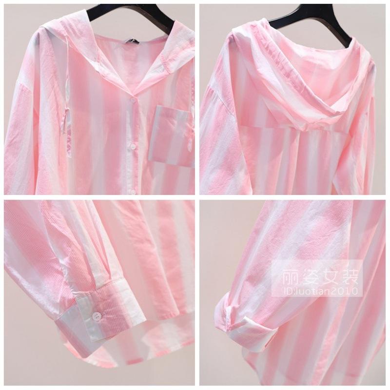 Рубашка в розовую вертикальную полоску, женская свободная куртка с капюшоном, солнцезащитный крем, тонкая хлопковая рубашка, кардиган с длинными рукавами, удобная женская одежда