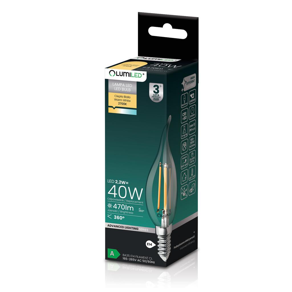6X E14 Led Bulb Candle Ba35 2.2W 470Lm = 40W 2700K Warm 360° Filament Class A Lumiled