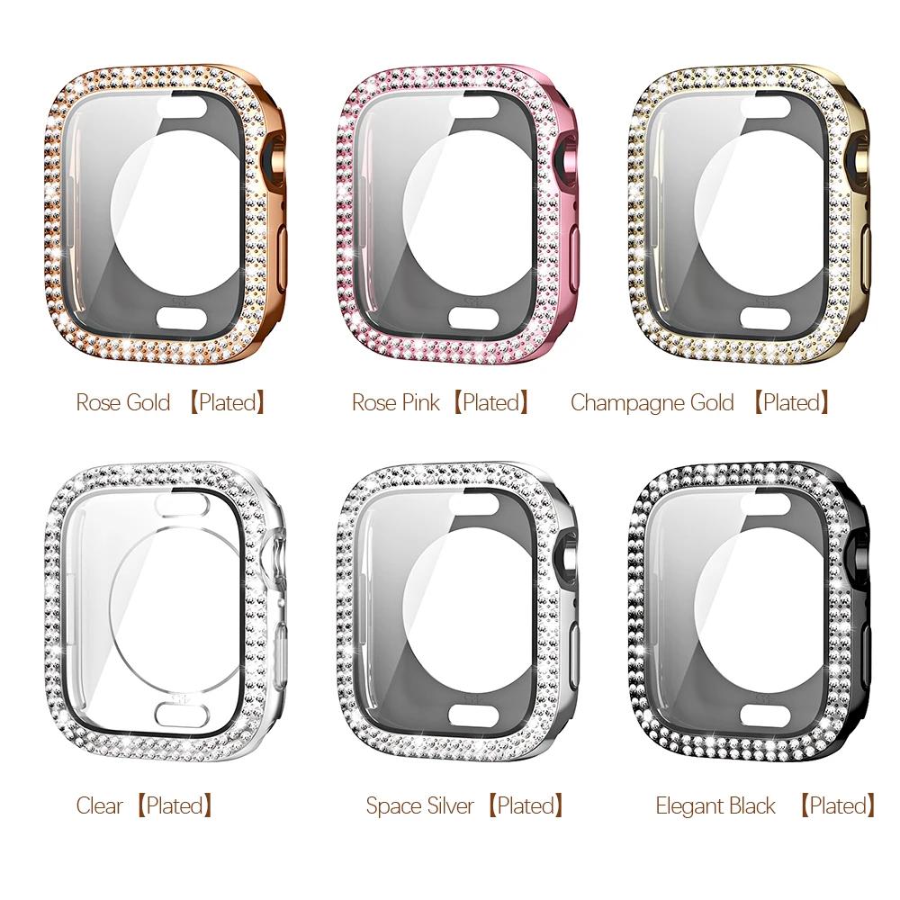 Сверкающий Чехол со стеклом для Apple Watch 44 45мм 41мм 40 42мм 44мм Алмазный бампер+Защитное стекло для Серии 11 10 9 8 7 5 6 SE