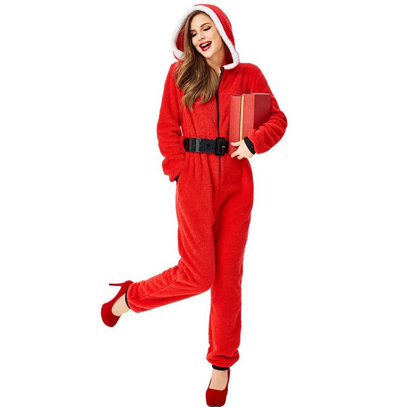 Adult Women Christmas Santa Claus New Year Xmas Red Elf Hooded Jumpsuit Belt Sets Halloween Role Play Dress Up Cosplay Costume