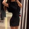 Round Neck Holiday Party Dress Fly Sleeve Silm Evening Dress Shining Sequin Mini Dress  Ladies/Girl