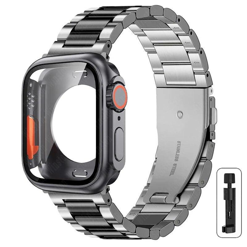 Ремешок+корпус из нержавеющей стали для Apple Watch 44мм 45мм 41мм 40мм Улучшенный ТПУ корпус Iwatch Series 9 8 7 6 SE 5 4 Металлический браслет