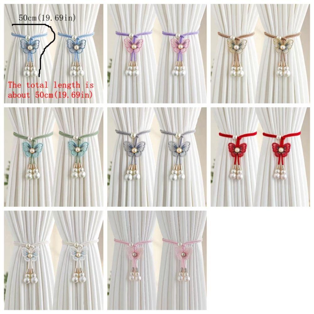 2PCS Adjustable Butterfly Curtain Tiebacks Curtain Holder Decorative Pearl Curtain Buckle Artificial Pearl Curtains Tie Rope