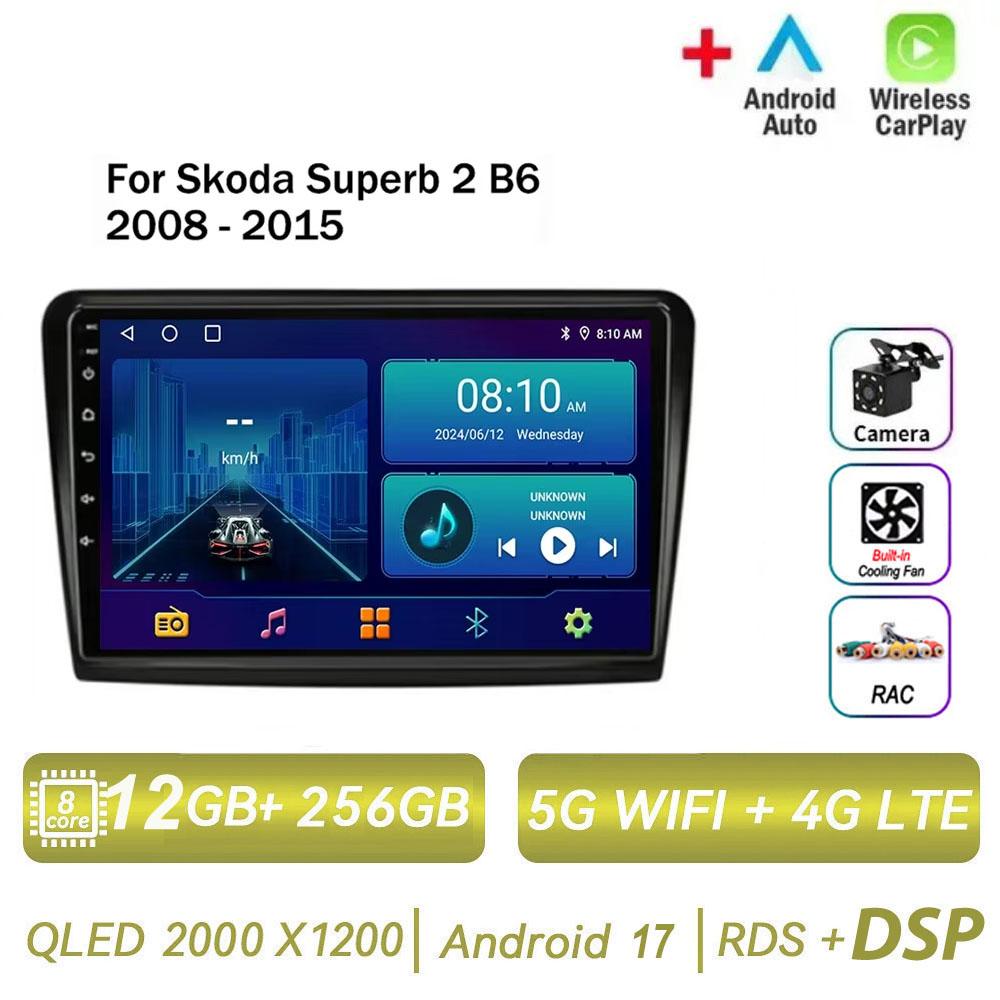 Autoradio Android 17 pour Skoda Superb 2 B6 2008-2015 avec Carplay, Navigation, Lecteur Multimédia, GPS, WiFi+4G, Vidéo, BT, Unité Centrale 2 DIN