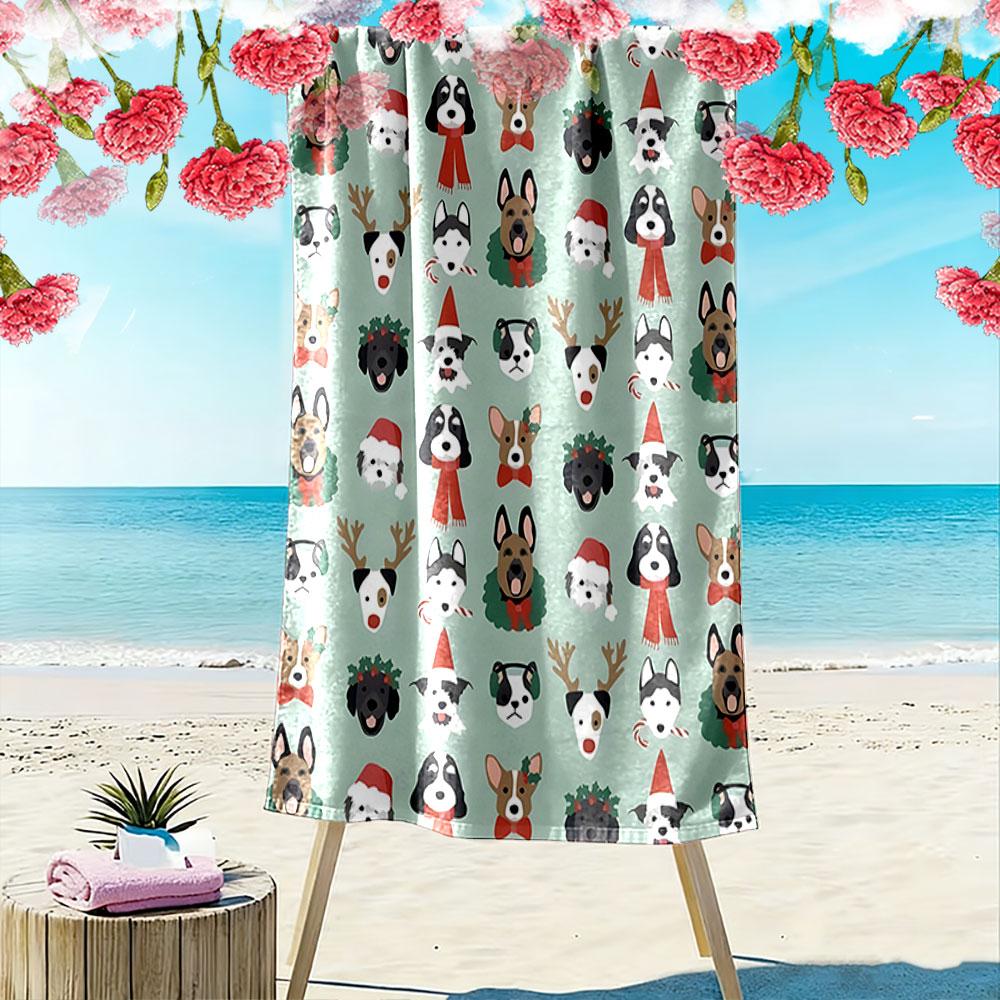 Festive adorable dog faces Print beach towel, quick drying, suitable for travel, outdoor sports, jogging, the beach and swimming, gift