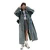 Spring New Design Lapel Belt Waist Denim Windbreaker Women's Long Over-the-knee Jacket