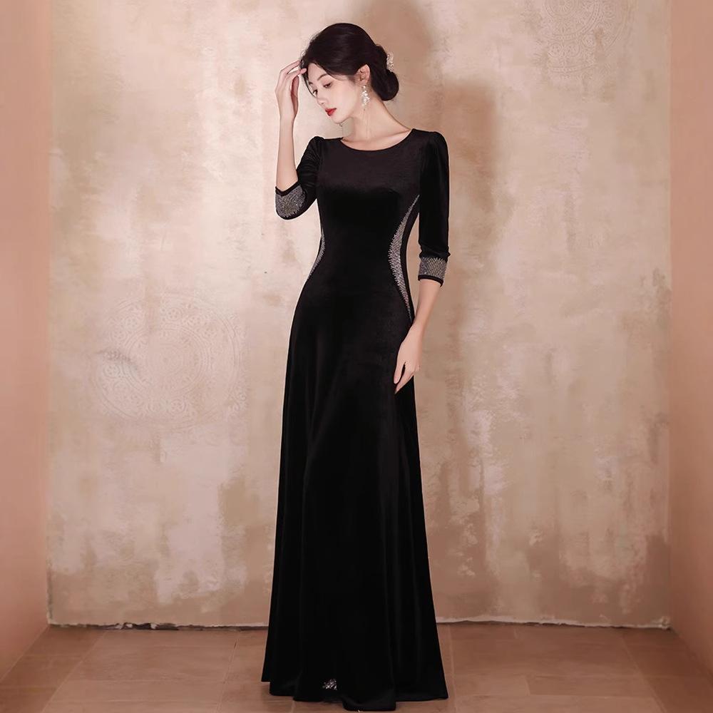 Черное вечернее платье на осень и зиму для женщин, новое изысканное бархатное, темперамент для ведущего банкета, достойная атмосфера