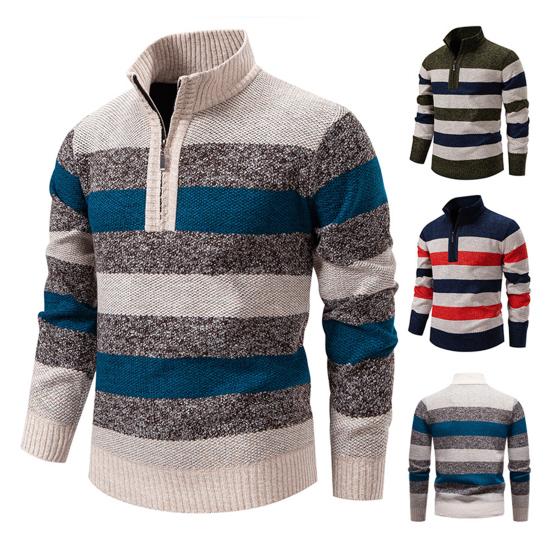 Men Knitted Sweater Color Block Zippered Half Turtleneck Pullover Tops Long Sleeve Half-Zipper Casual Pullover Tops