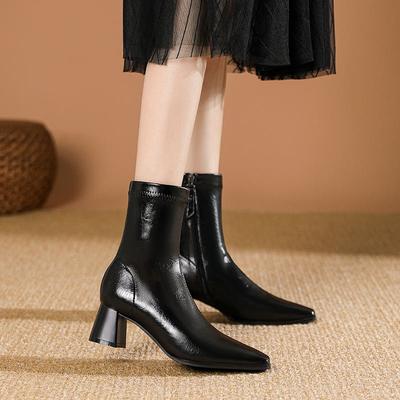 Короткие сапоги на высоком каблуке, женские одинарные сапоги на весну и осень 2024 года, новые женские сапоги средней длины, тонкие остроносые модные сапоги на толстом каблуке из кожи