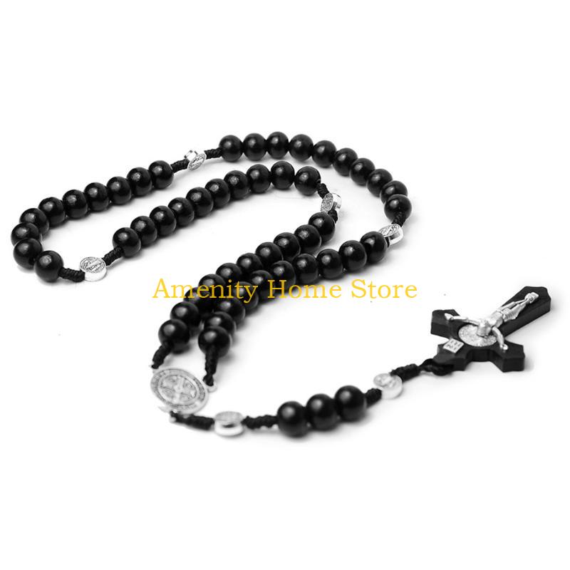 F26C Wood Bead Cross Rosary Necklace Hangable Pendant Crafts Long Bead Chain for Christmas Party Church Decorations