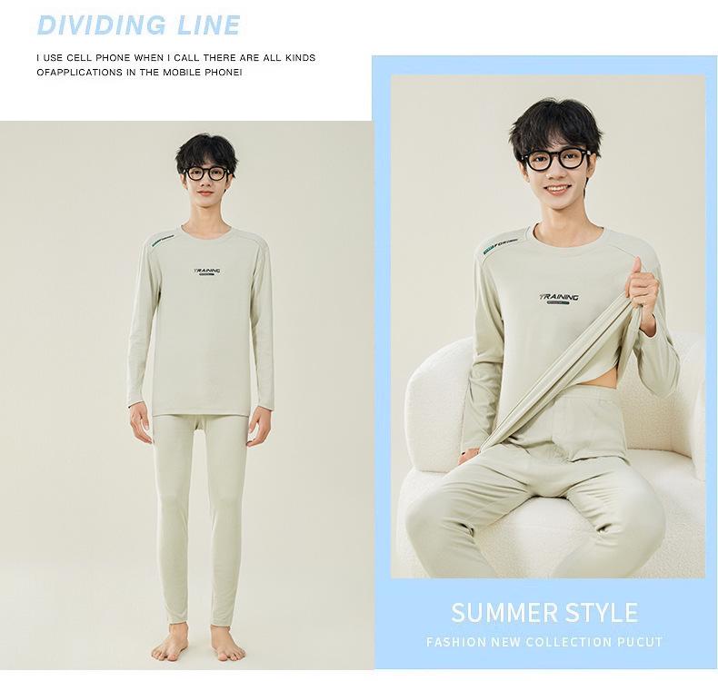 Мужской осенний комплект термобелья: Шерстяной свитер и брюки для студентов-подростков - Теплая смесь хлопка