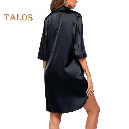 Женская летняя ночная рубашка с коротким рукавом, рубашка с отворотом, однобортная, свободная, сплошной цвет, атласная, свободная, с разрезом подол, домашняя одежда, платье для сна, ночная рубашка