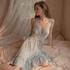 New French Long Satin Lace Perspective Suspender Nightdress Home Clothes Sexy Suit