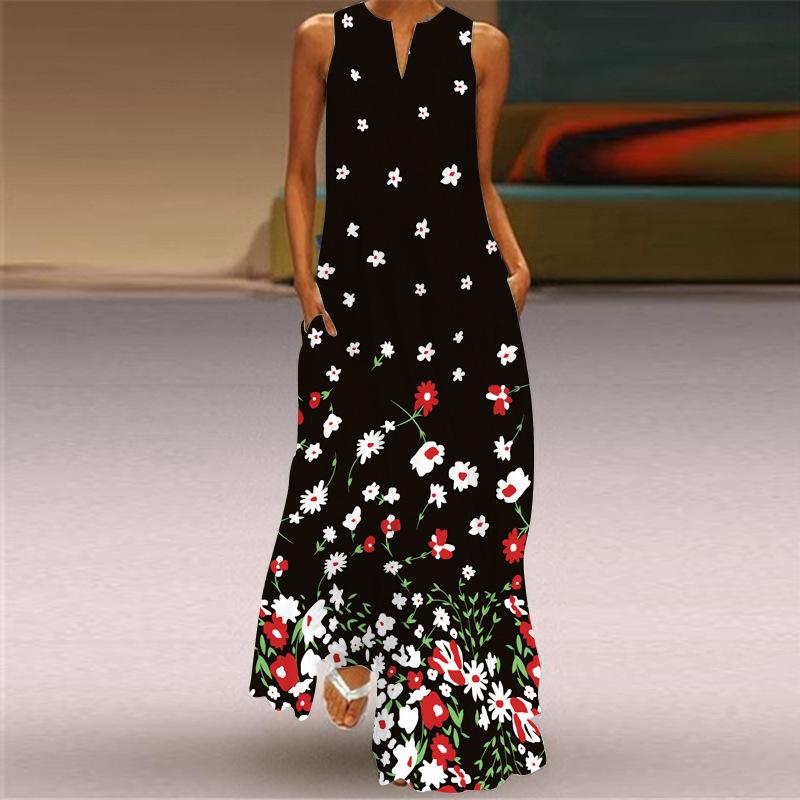 Women's 3D Printed Dresses Summer Boho Sleeveless V-Neck Long Dress Ladies Casual Loose Beach Party Maxi Dresses