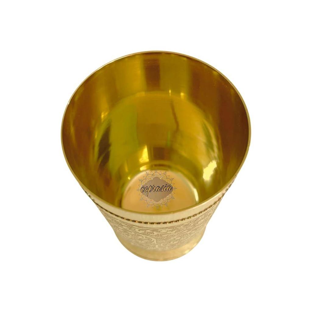 Brass Dining Glass || Drinking Brass Glass || Brass Tumbler with Embosed Design - Capacity 300 Ml (Pack of 1 Glass)