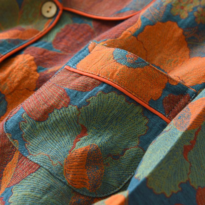 Женский жаккардовый пижамный комплект из пряжи двойного крашения: Кардиган с длинным рукавом из чистой хлопковой марли для весны, лета, осени.