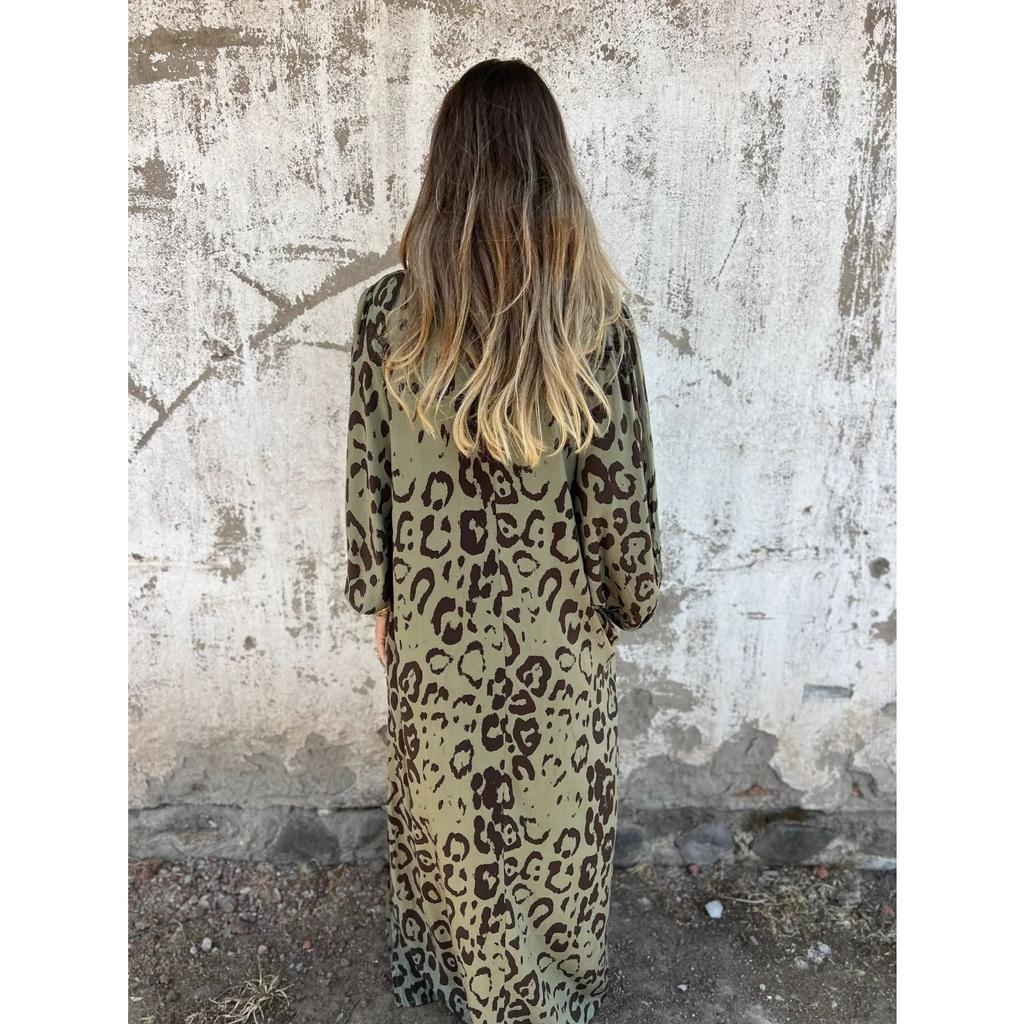 IHUASU Весна-лето с длинным рукавом и принтом леопарда, свободное платье с V-образным вырезом для женщин