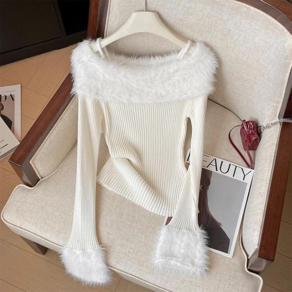 Шикарный французский женский свитер-топ на одно плечо с расклешенными рукавами - Облегающий пушистый базовый слой для осени/зимы.