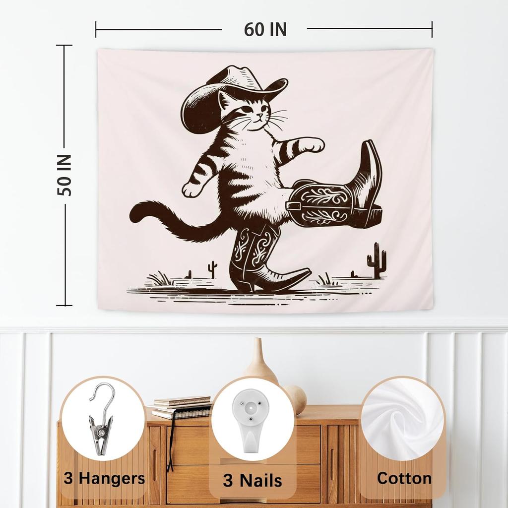 NATSUNO Western Tapestry, Funny Western Cowboy Cat Wall Tapestry for Bedroom, Retro Wild West Country Cat Tapestries Wall Hanging for Home Bedroom