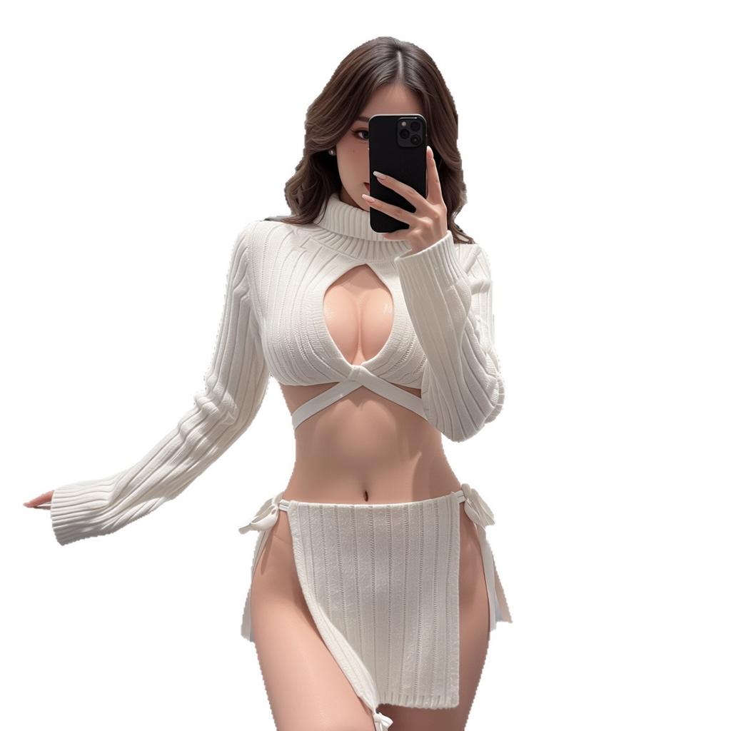 Sexy Chest Strap White Turtleneck Sweater Two-piece Suit Sexy Lingerie Uniform TemptationGood product