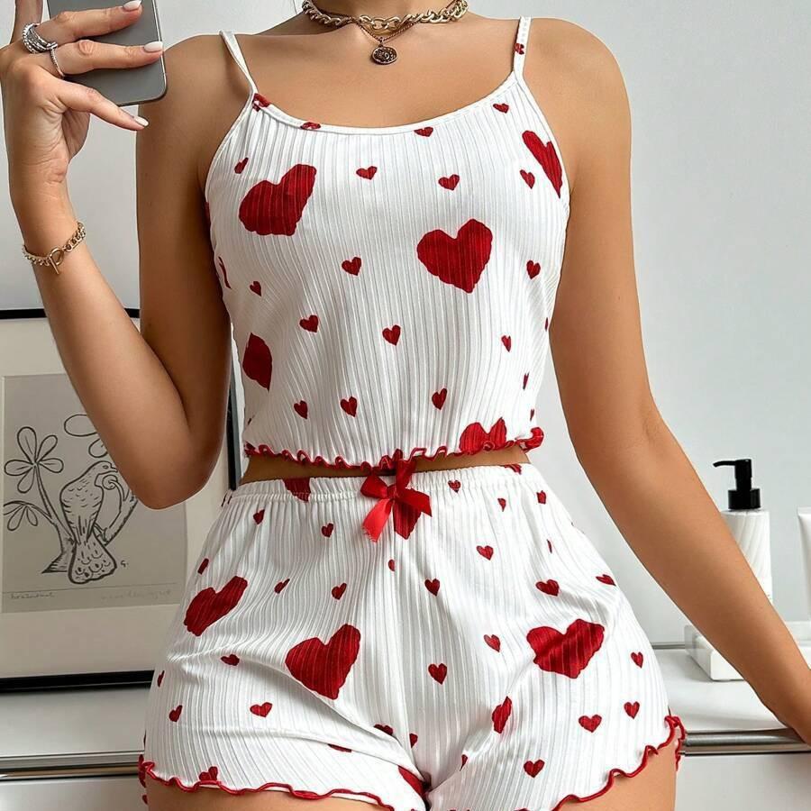 Strawberry Heart Print Women's Casual Camisole Shorts Set