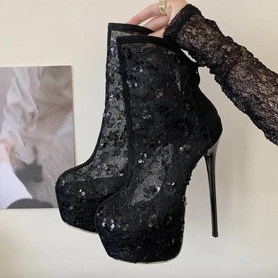 Модные черные сетчатые ботильоны с пайетками для женщин, 17 см супер высокий каблук, ботинки на платформе, летние сексуальные туфли для стриптиза в ночном клубе, Zapatos De Mujer