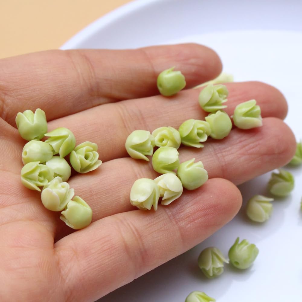 pumpie 100pcs 7mm Synthetic Coral Tulip Flower Beads Light Green Color for Bracelets Necklace Earring Jewelry Making Charms Art Craft DIY,