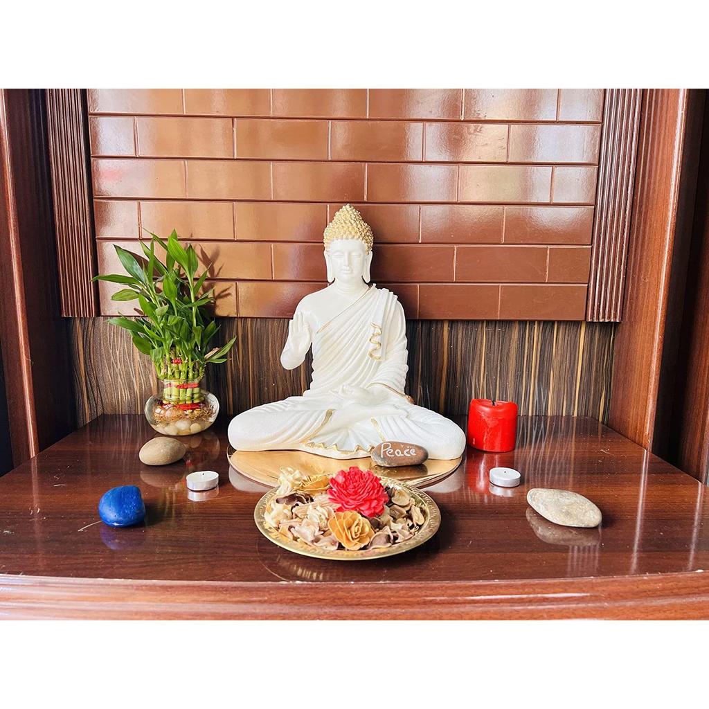 Скульптура медитирующего Будды из смолы | Домашний декор | Статуэтка идола Мурти | Тибетская буддийская статуя - высота 14 дюймов - большой размер (белый)