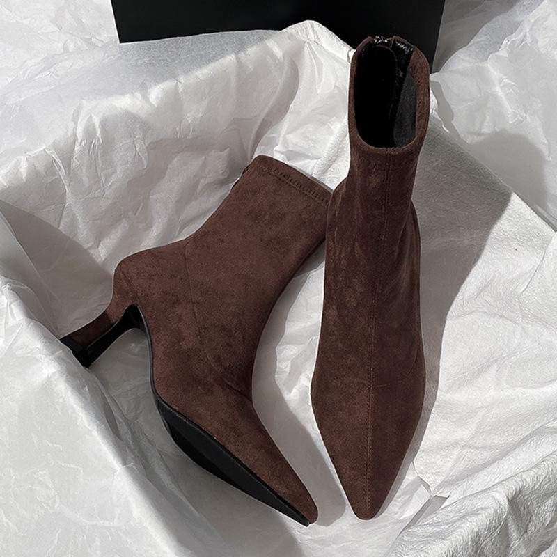 Brown Boots Women's High Heel Autumn and Winter Versatile French Thin Heel Elastic Boots Suede Pointed