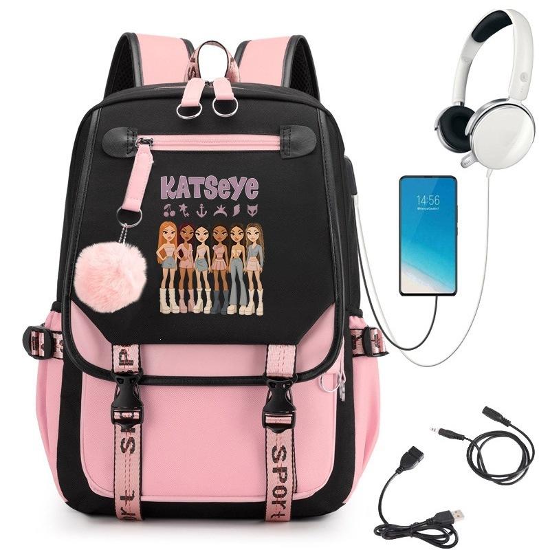 KATSEYE K-pop Cartoon USB Charging Backpack Student Bookbag Lightweight Water-Resistant Laptop Daypack