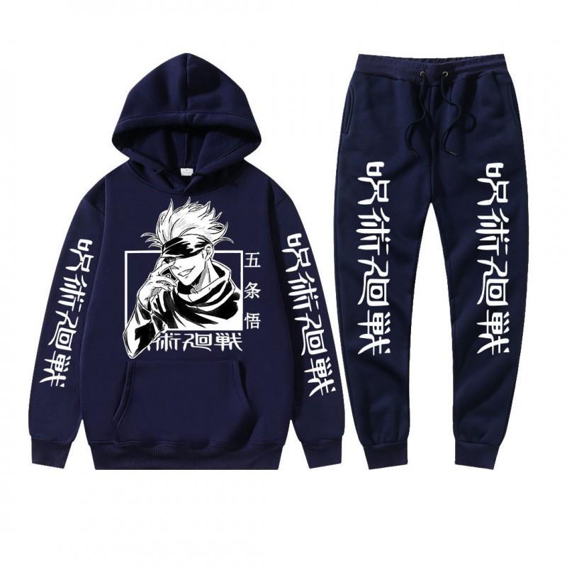 Mens Winter Hooded Sweatshirt Set With Jujutsu Kaisen Gojo Satoru Print Thick Casual Streetwear Tracksuit