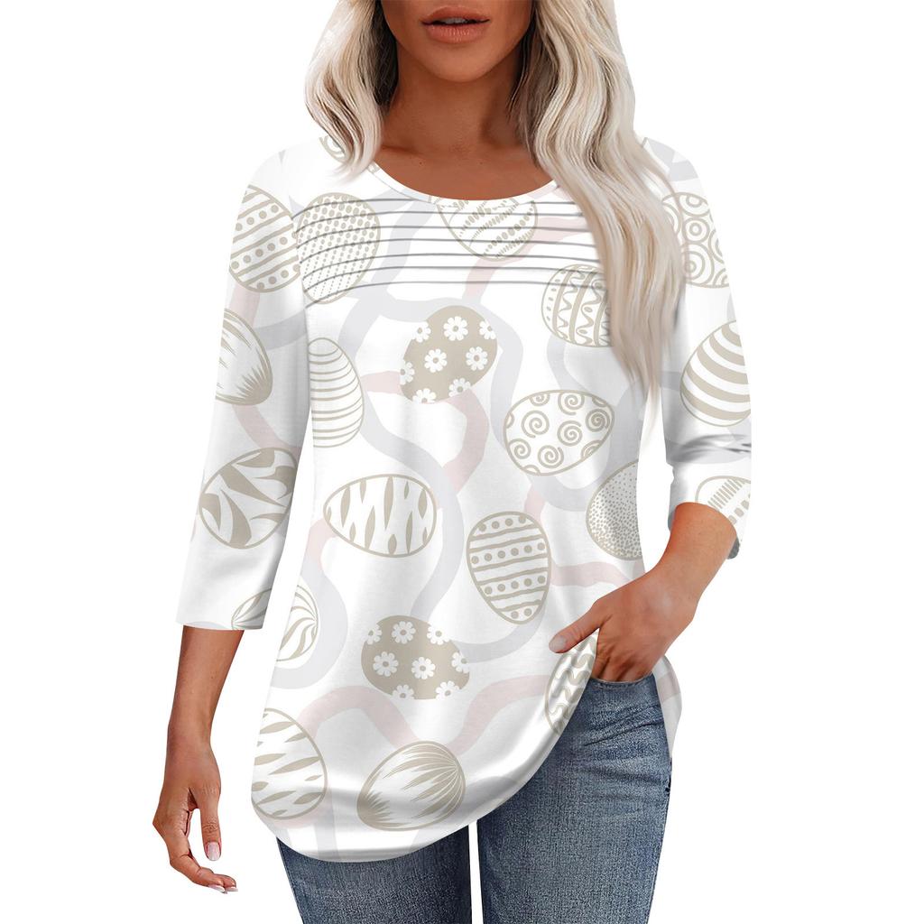 Женская мода круглый вырез шея плиссированная передняя планка с принтом рукав 3/4 топ