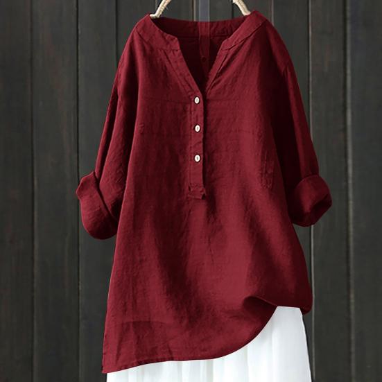 Women Casual Shirt V-Neck Buttons Half Placket Long Sleeve Blouse Solid Color Loose Fit Tunic Tops Office Lady Shirt