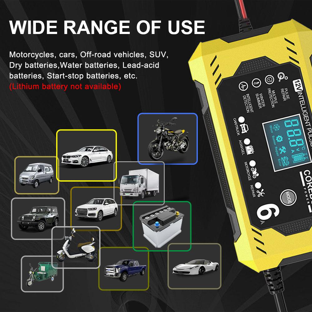 6A 12V Car Battery Chargers Intelligent Pulse Repair For Lead Acid AGM Gel Batteries Charging Household Storage Cell Uinversal