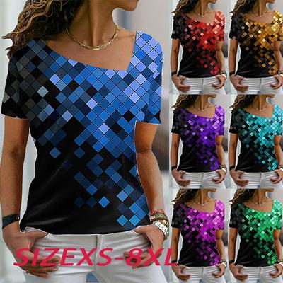 Женские футболки с 3D принтом и цветными блестками, нерегулярным воротником и короткими рукавами для прогулок