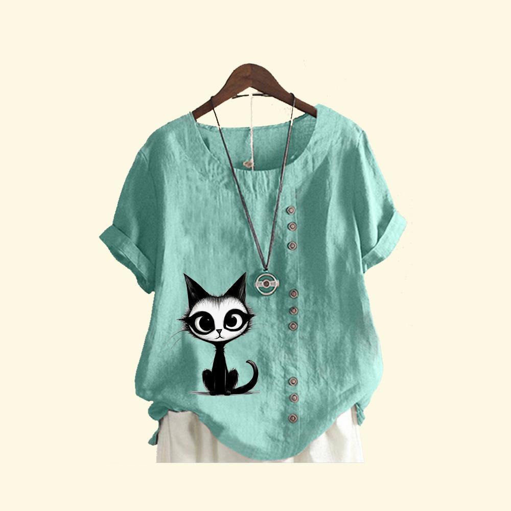 Женская свободная льняная блузка-пуловер, женская повседневная футболка с круглым вырезом и принтом кота, летняя модная футболка с коротким рукавом