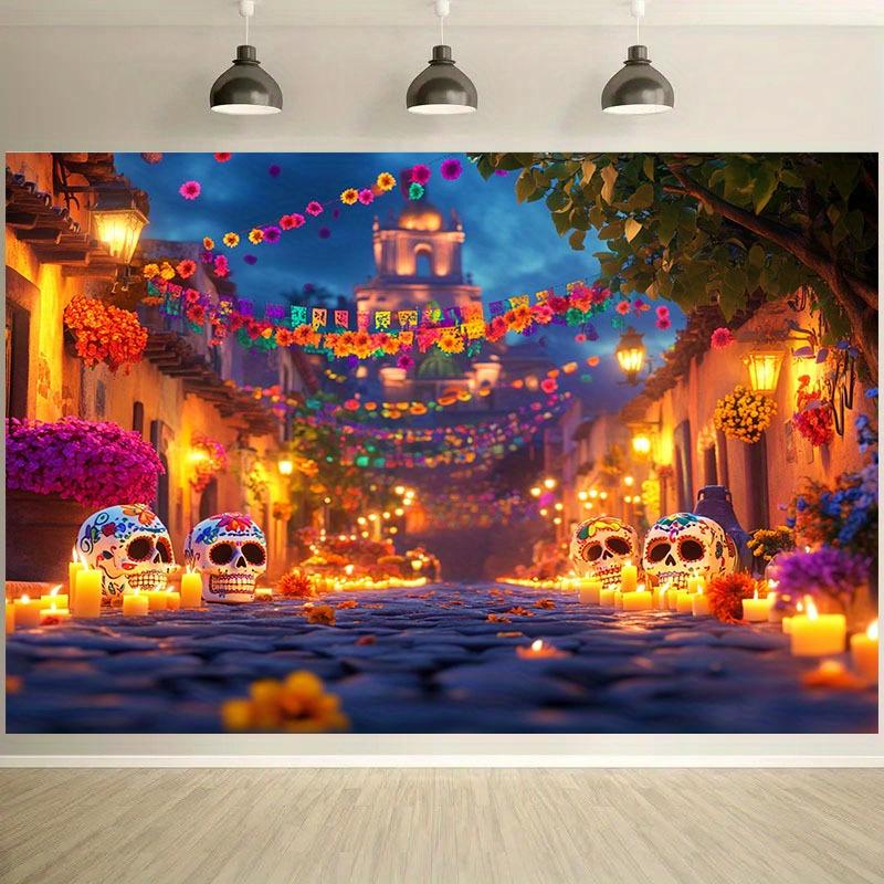 1 Day of the Dead party banner - Bright sugar skull street scene with colorful flowers & lanterns, polyester background fabric