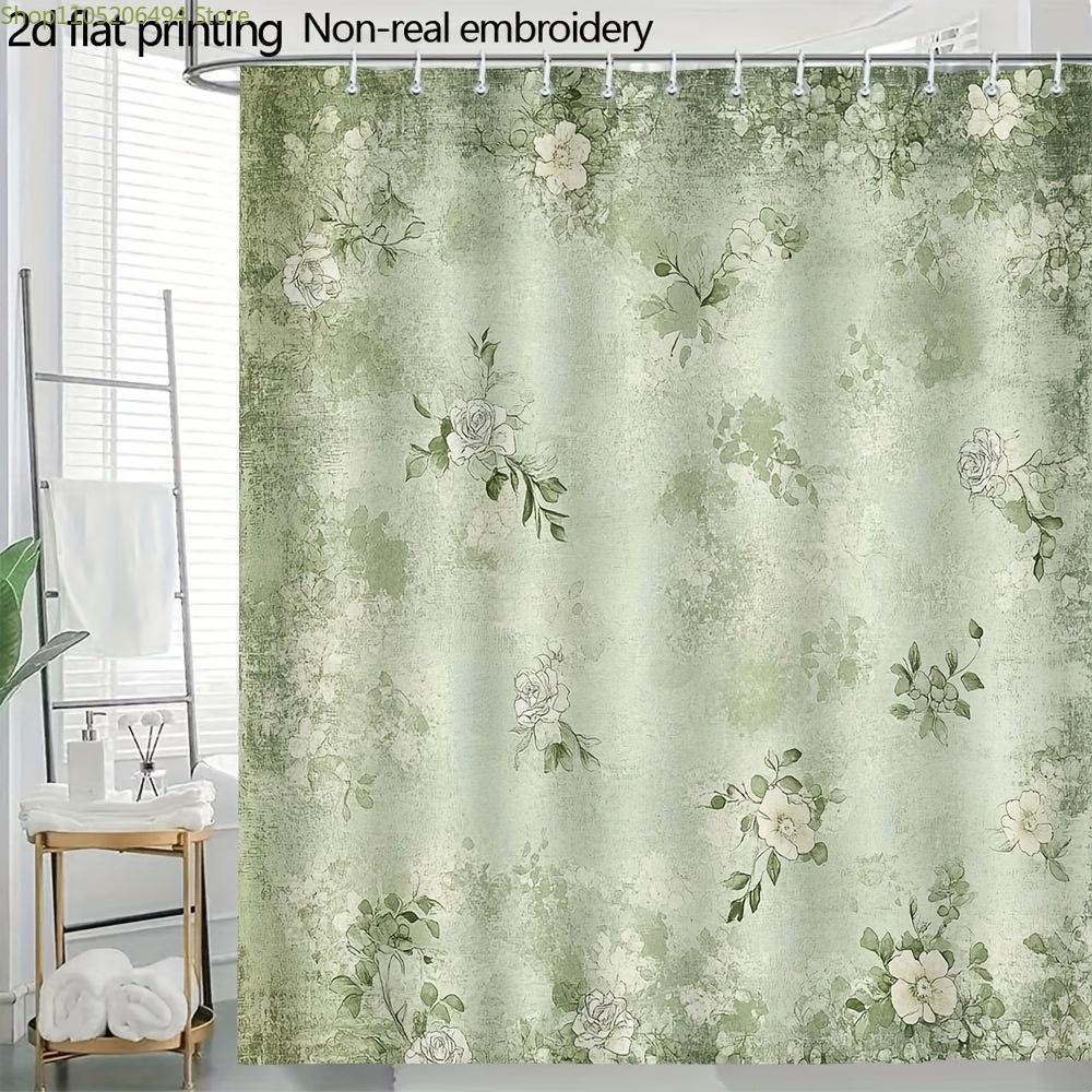 1pc 71x71 Inch Distressed Floral Shower Curtain - Sage Green & Cream Polyester, Machine Washable Bathroom Decor with Grommets,