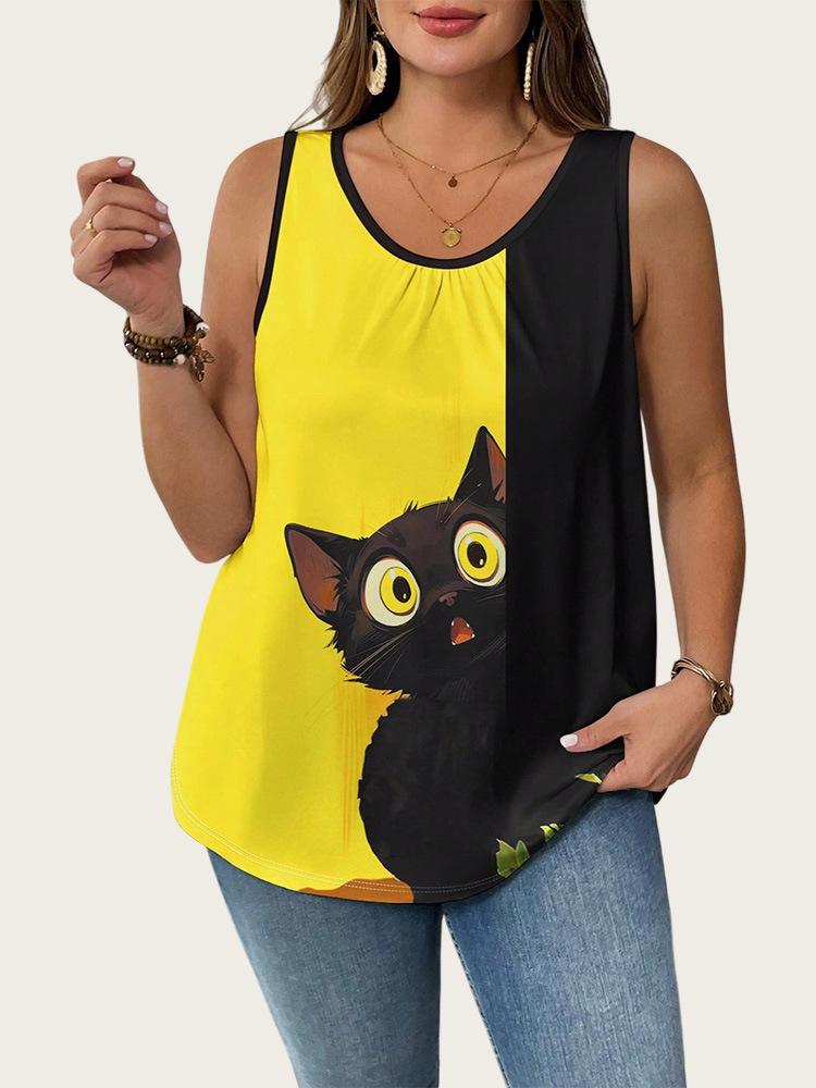 Трендовый женский топ без рукавов большого размера с джинсовым принтом - Европейская и американская летняя мода 2025